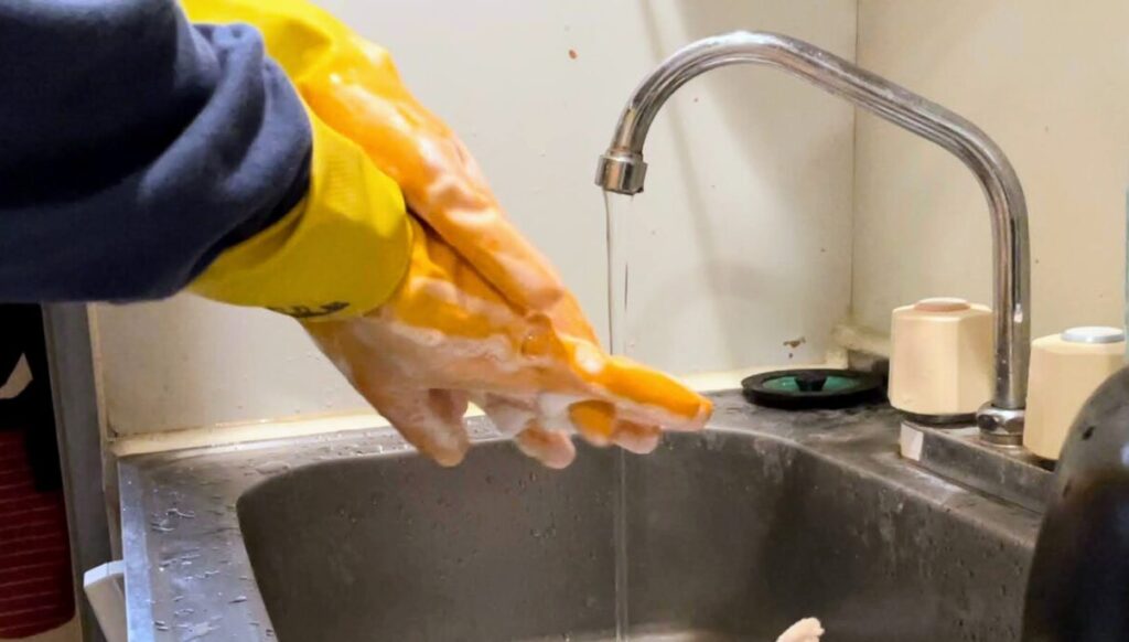 マリーゴールドのキッチン用グローブ・手袋を手入れするために手洗い用ソープで洗っている