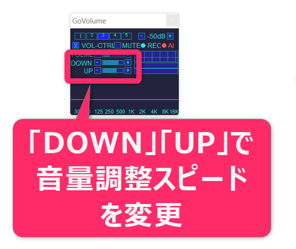 「DOWN」「UP」のバーを設定すると、音量を調整するときに上げ下げするスピードが変わります。