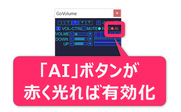 GoVolumeに搭載されているAIによって、流れている音声の傾向を把握して最適な音声コントロールが可能です。 機能をオンにするには、右上にある「AI」をクリックして赤色になっていることを確認します。