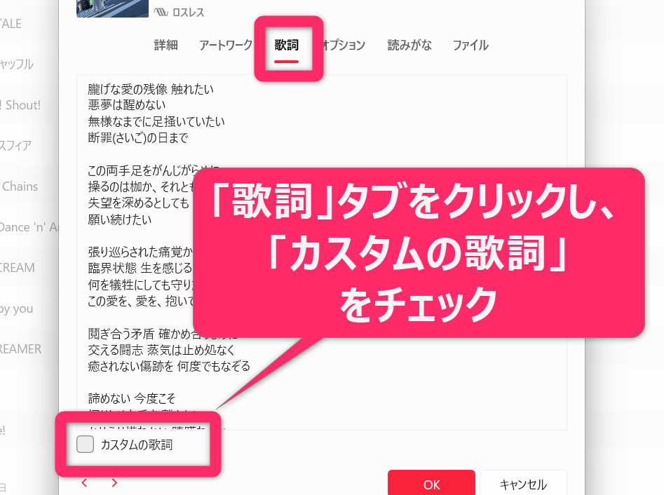 カスタム歌詞の設定方法2.「歌詞」タブを選択して、下にある「カスタムの歌詞」にチェックを入れます。