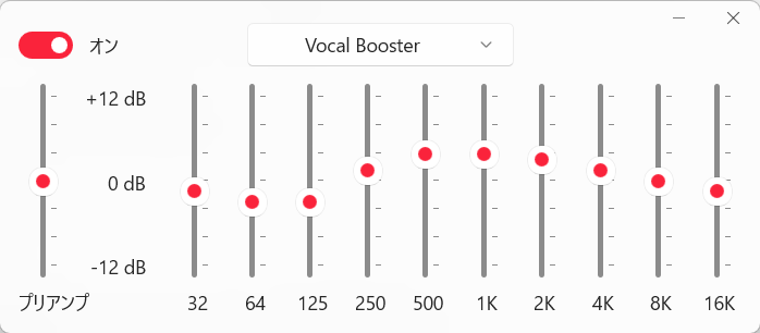 ボーカルを強調するイコライザVocal Boosterであれば、250～4KHzを上げてそれ以外を下げています。