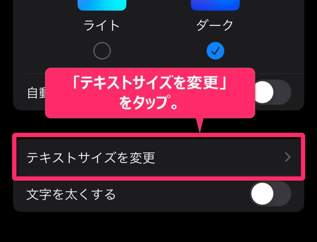 iPhone本体の設定で文字サイズを小さくする2.「テキストサイズを変更」をタップします。