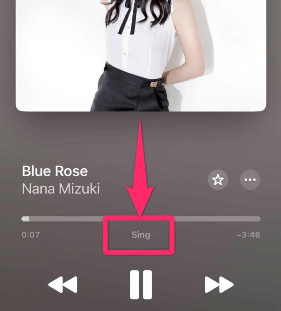 sing機能がオンになっていると、再生中画面のバー下部に「sing」の表示が現れます。