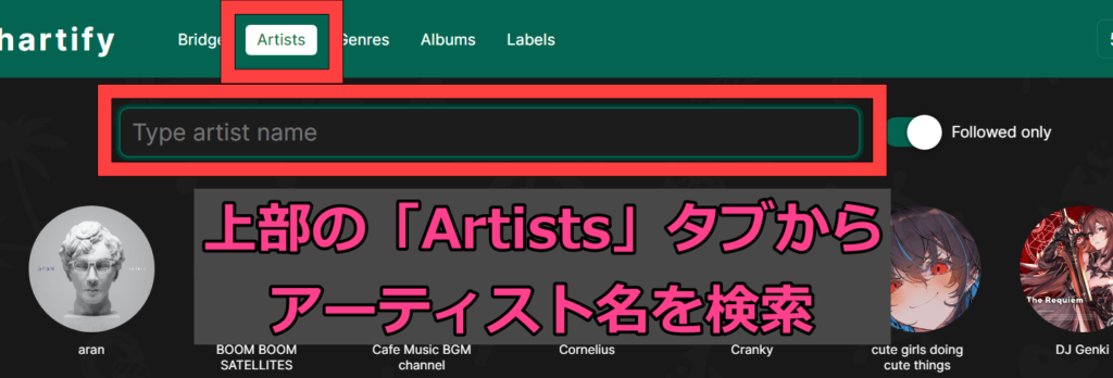 Unchartifyの使い方2.アーティストを検索してクリック