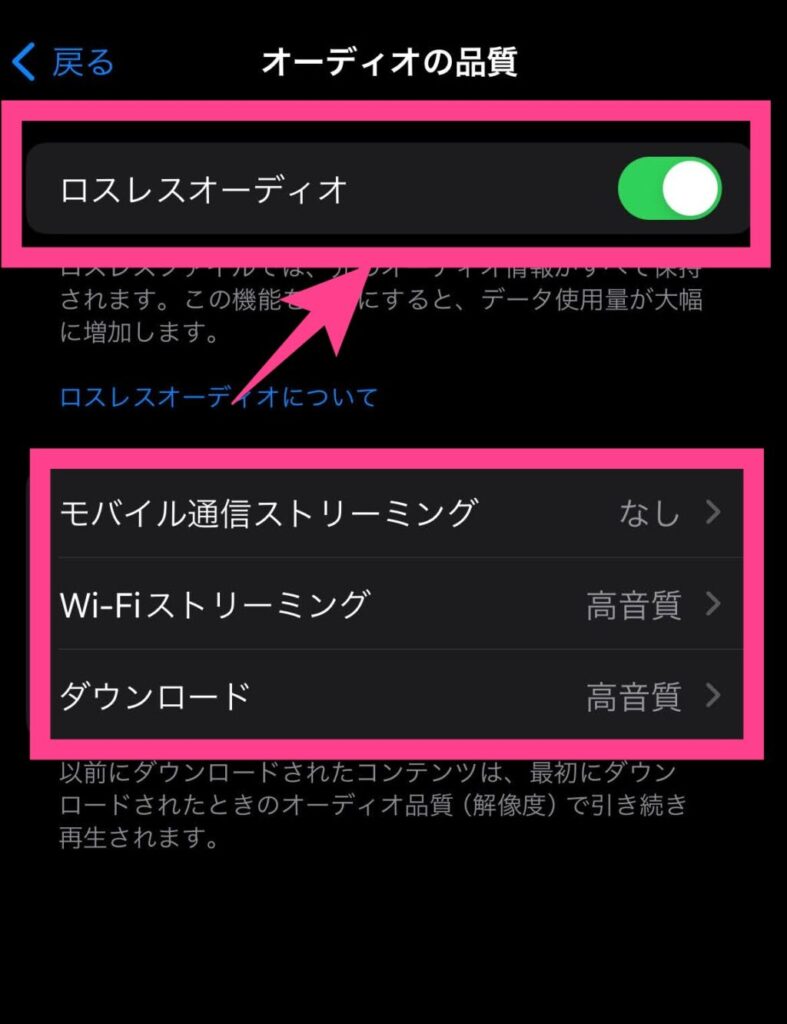 「ロスレスオーディオ」をオンにし、モバイルデータ通信・Wi-Fiストリーミング・ダウンロードいずれかをタップ。