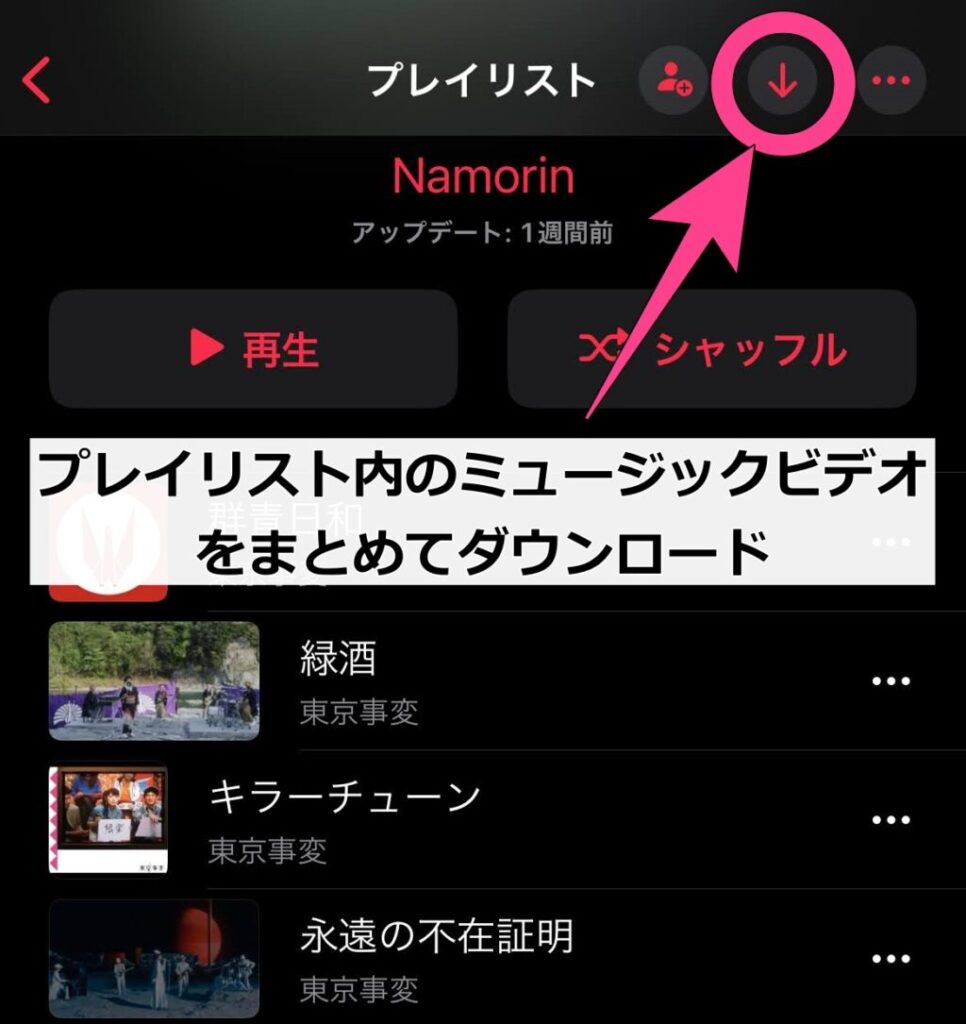 MV一つずつではなく、プレイリストに入れたMVならプレイリストごとダウンロードもできます。プレイリスト右上の「↓」マークをタップすると、ダウンロードを開始します。