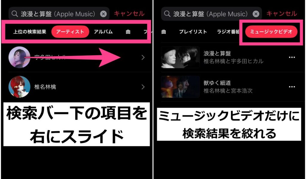 ミュージックビデオだけを検索したいときは、検索画面上の項目を左右にスライドします。