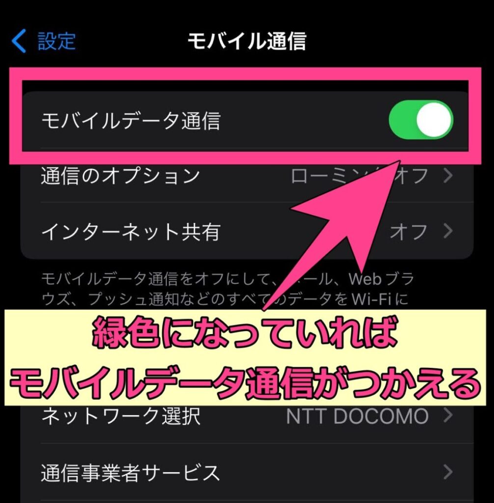 「モバイルデータ通信」を確認し、オンを示す緑色になるようボタンを押してください。