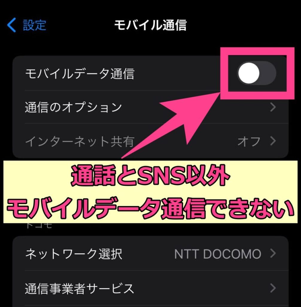 本体の「モバイルデータ通信」をオフにしていると、通話とSMSを除く、全てのモバイル通信が使用不可になります。