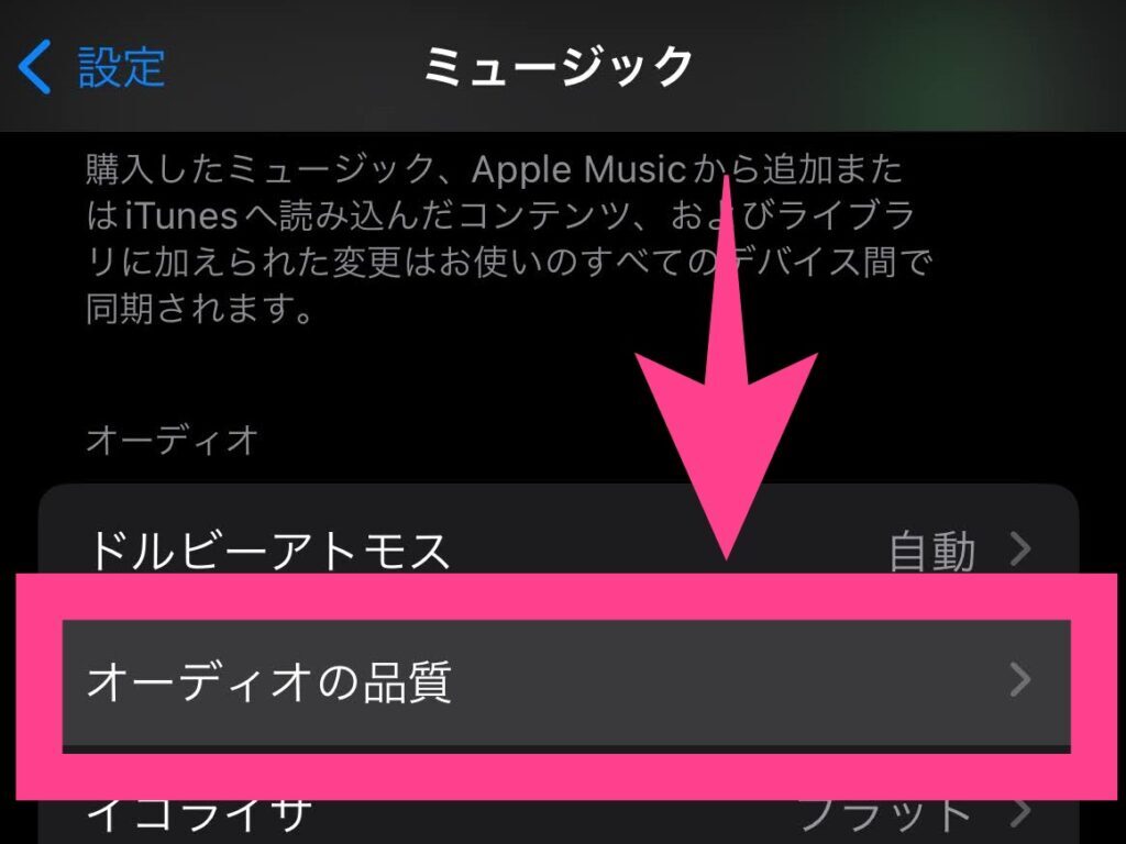下にスクロールして、オーディオの項目にある「オーディオの品質」をタップ。