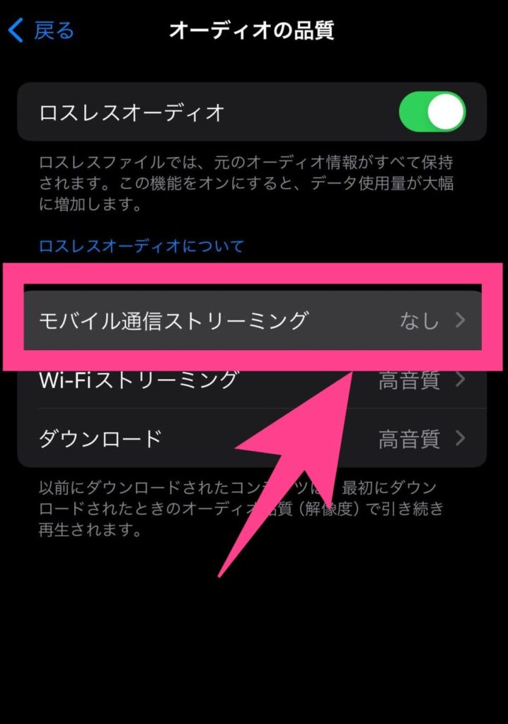 「モバイル通信ストリーミング」をタップ。