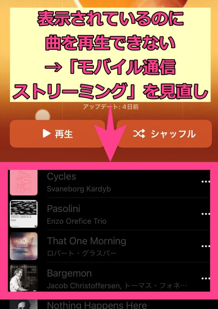 「モバイル通信ストリーミング」の設定を「なし」にしていると、Apple Musicが表示されても、曲は再生できなくなります。