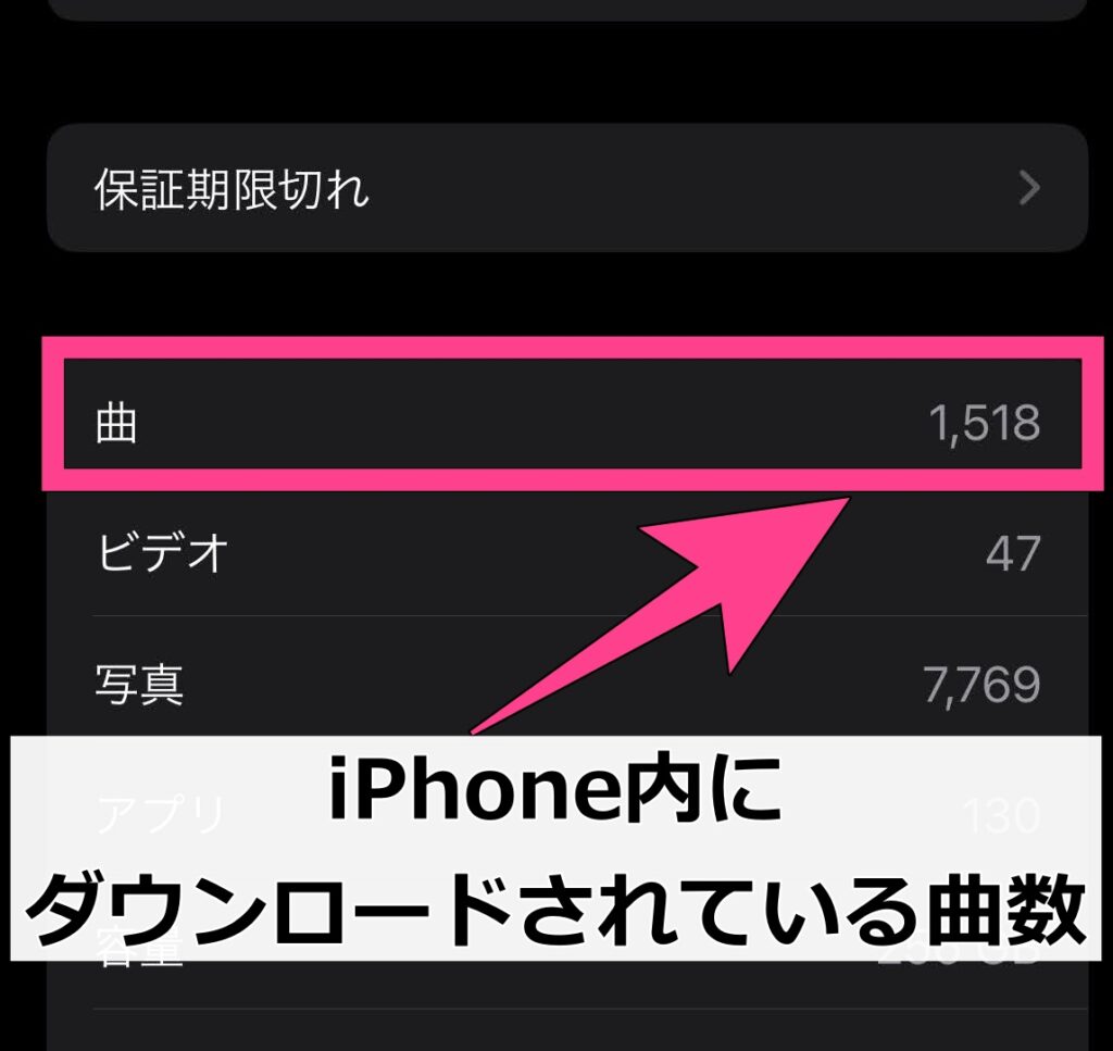 並んでいる項目のうち「曲」に表示されている数字が、iPhoneに入っている曲数です。