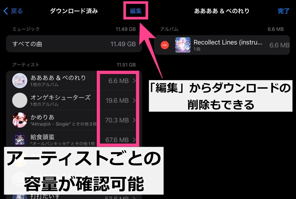 「ダウンロード済み」をタップすると、アーティストごとの合計容量が出てきます。アーティスト名をタップするとアルバムごとに表示され、「編集」からダウンロードを削除できます。