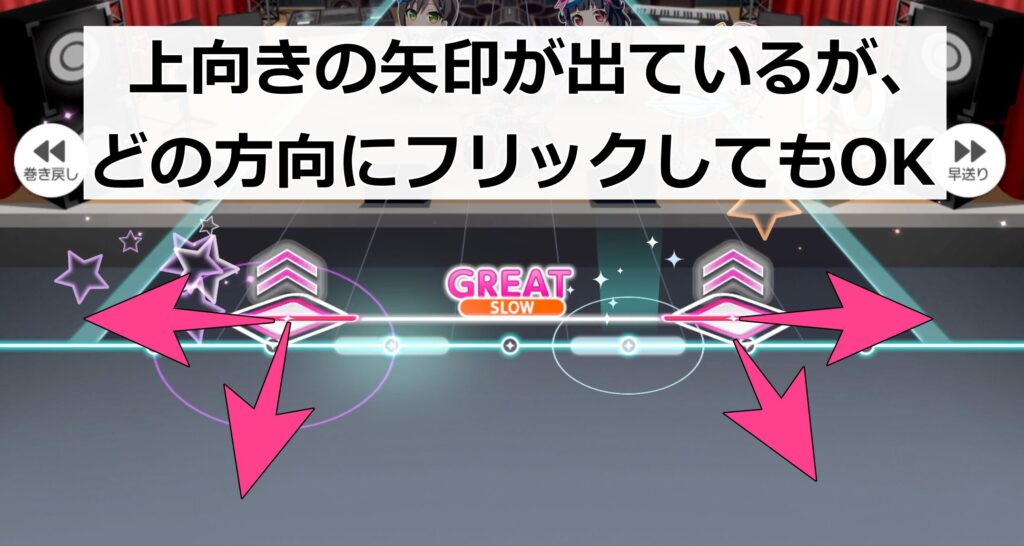 フリックノーツは上ではなく、横方向で取る