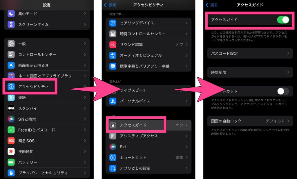 「設定」アプリから「アクセシビリティ」→「アクセスガイド」をタップ。