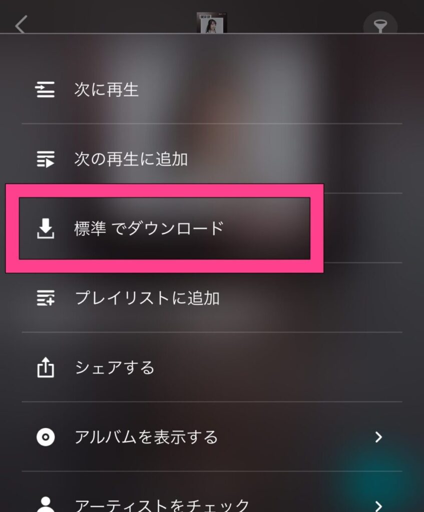 個別の曲をダウンロードする場合は、「・・・」から「標準でダウンロード」を選んでダウンロードできます。