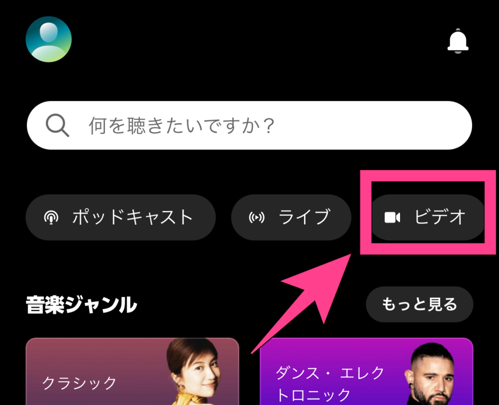 ミュージックビデオは見れるんですけど、かなり限られたビデオしか見られません。MVを見るには、検索バーの下にある「ビデオ」（もしくは「ライブ」）を選択します。
