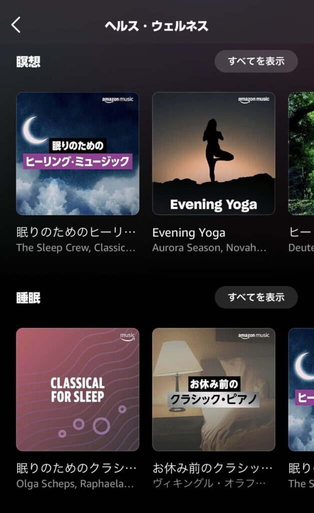 Amazon Musicで用意されているステーションやプレイリストのような、テーマごとにつくられたリストを選んでシャッフル再生できます。