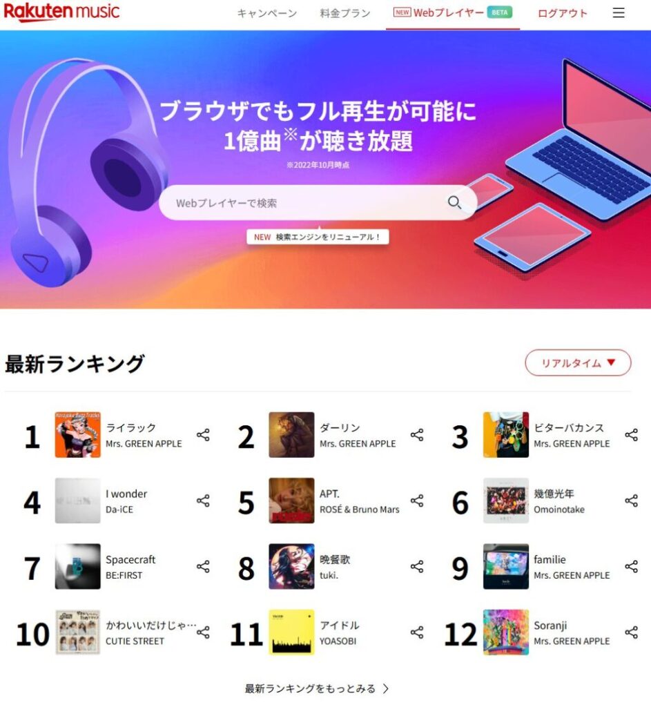 楽天ミュージックにはPCで再生できるWebプレイヤーもあるのですが、機能不足で快適につかうのは難しいです。