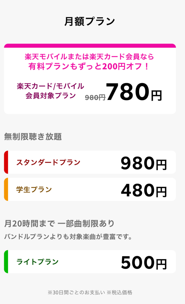 楽天ミュージックの魅力はなんといっても、月額780円でフル機能が使える楽天カード/モバイル会員プランでしょう。